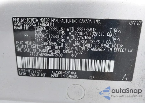 2010 Toyota Rav4 z USA, uszkodzony, nr VIN 2T3JF4DV9AW072408